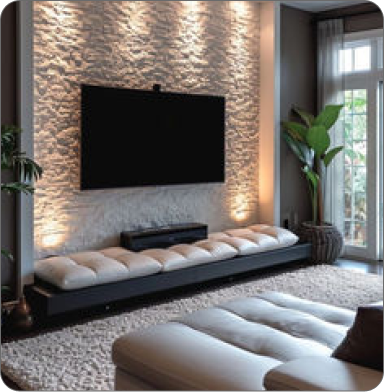 Comfortable office with plants, wooden desk, and two black chairs